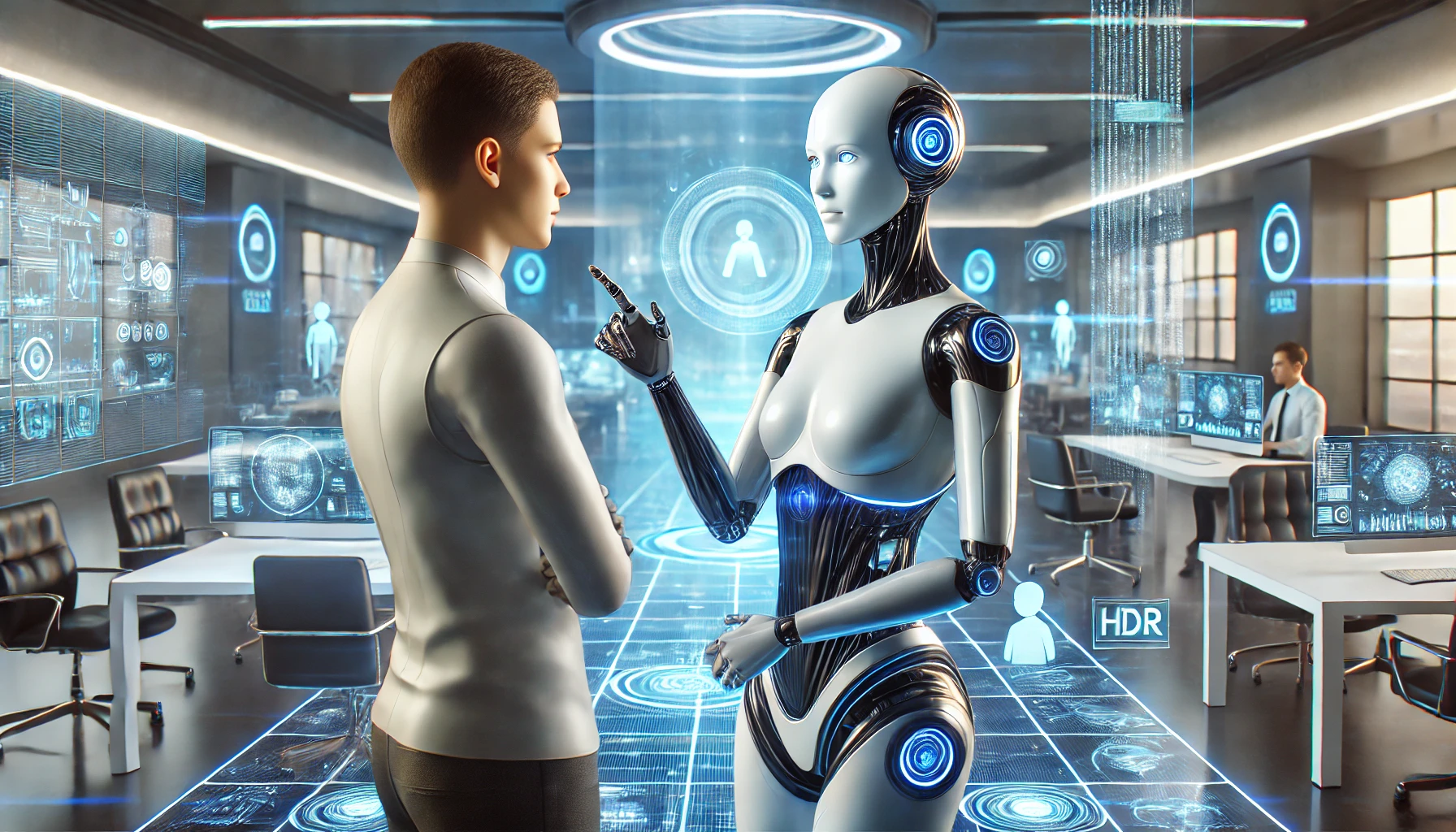 A human and a humanoid robot engage in conversation within a high-tech office environment, surrounded by holographic displays and digital interfaces.