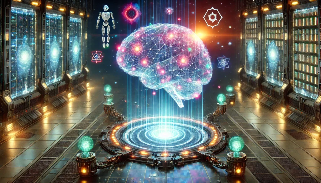 A digital representation of a glowing brain surrounded by futuristic technology and robotic elements, emphasizing artificial intelligence, innovation and insigihts.