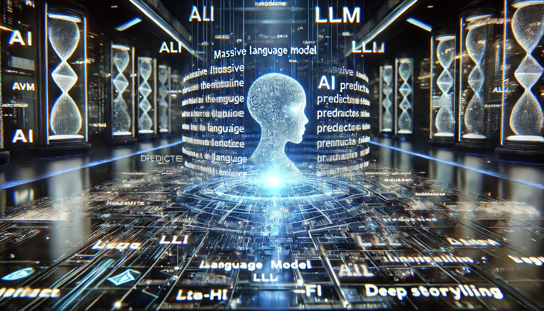 A futuristic digital display showcasing a holographic representation of a human head surrounded by swirling text related to artificial intelligence and language processing.