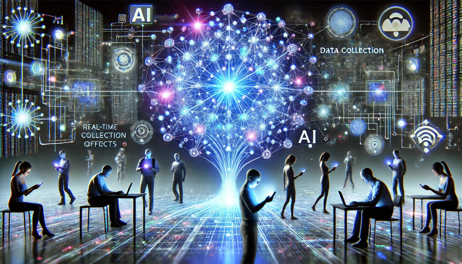 A futuristic scene depicting individuals engaging with technology, surrounded by digital networks, data collection elements, and artificial intelligence symbols.