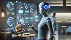 A modern living space featuring a humanoid robot and a man using a smartphone, with digital screens displaying various data visuals in the background.