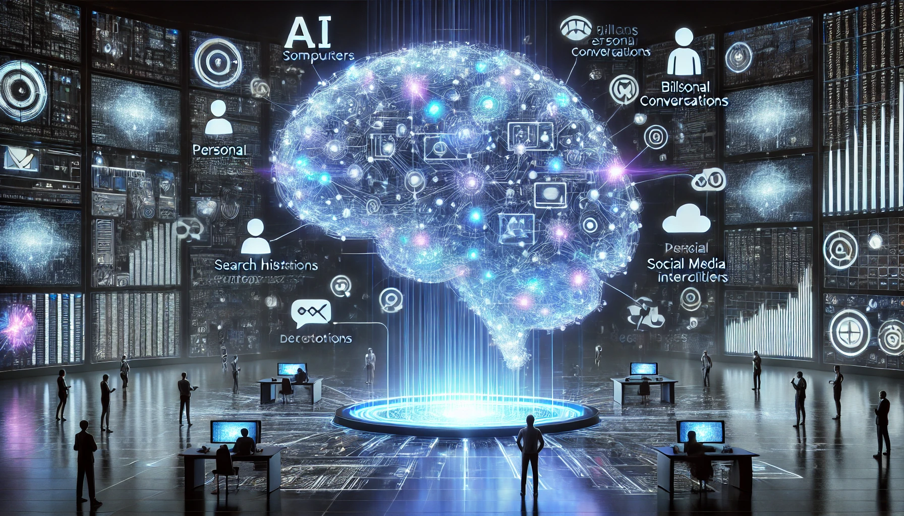 A futuristic scene depicting a digital brain surrounded by icons related to AI, communication, and data analysis, with human figures interacting in a high-tech environment.