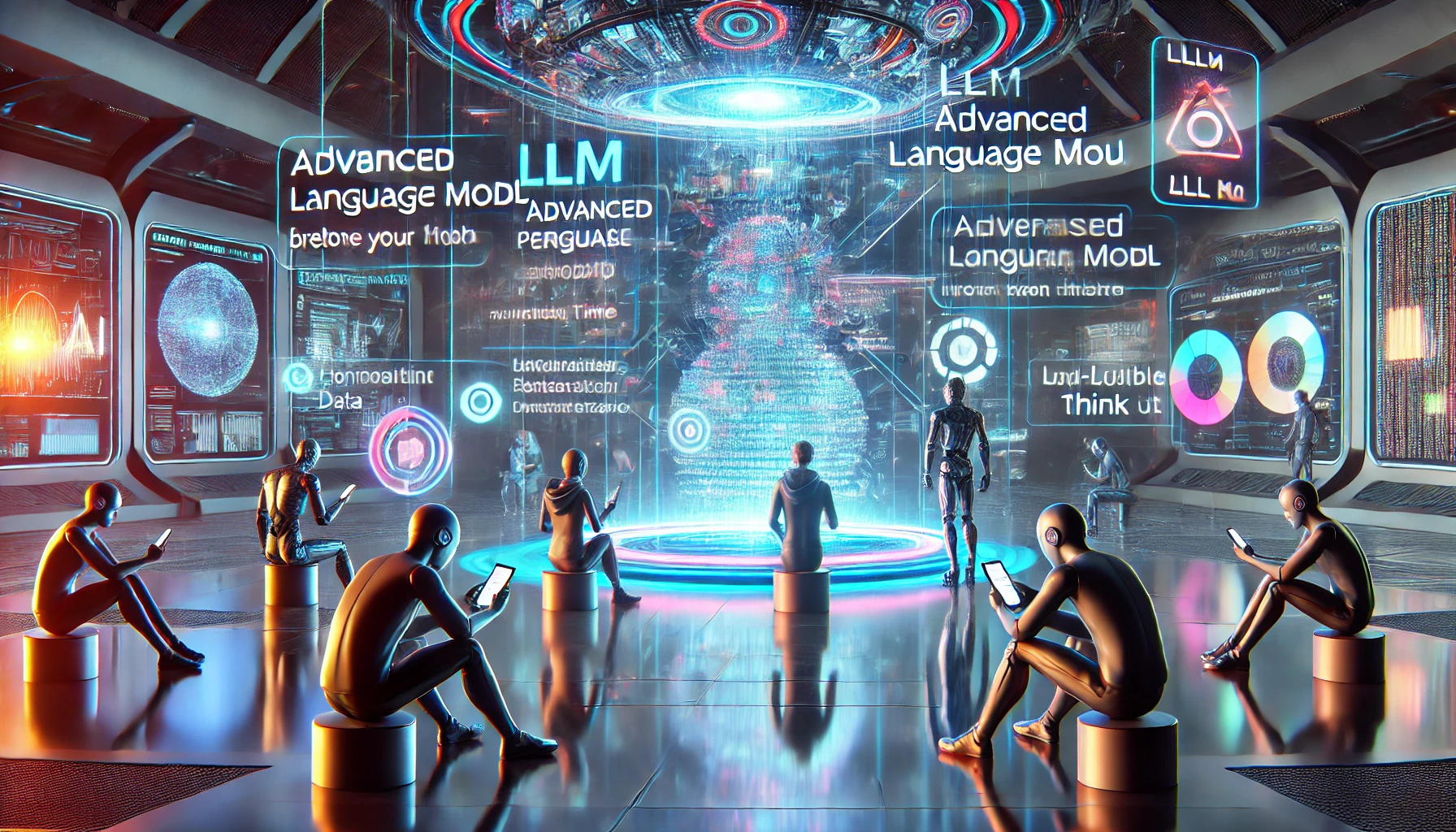 A group of humanoid figures interacting with holographic displays in a high-tech environment focused on advanced language models and data analysis.