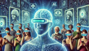 A digital representation of a diverse group of people wearing virtual reality headsets, engaged with advanced AI technology, surrounded by holographic images of brains and AI icons.